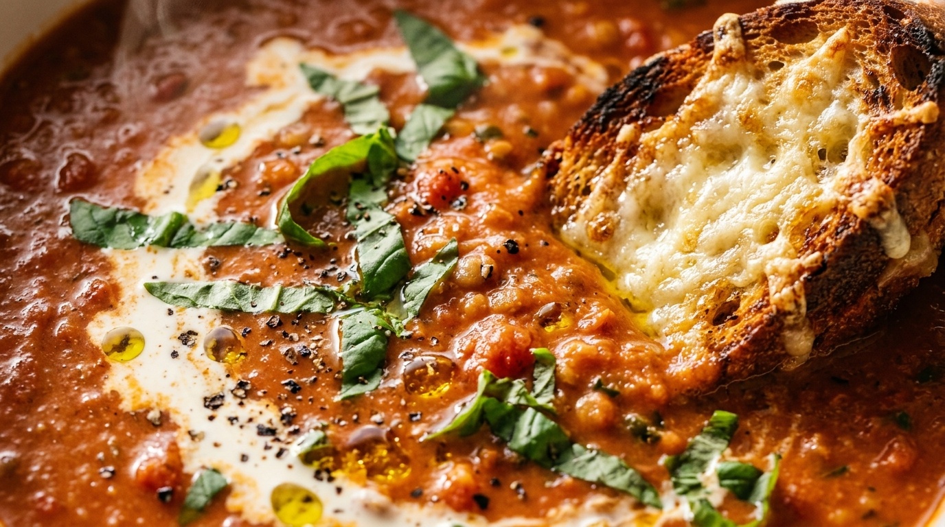 Ultra close-up macro of creamy roasted tomato lentil soup with cream swirl, fresh basil, and submerged grilled sourdough dipper