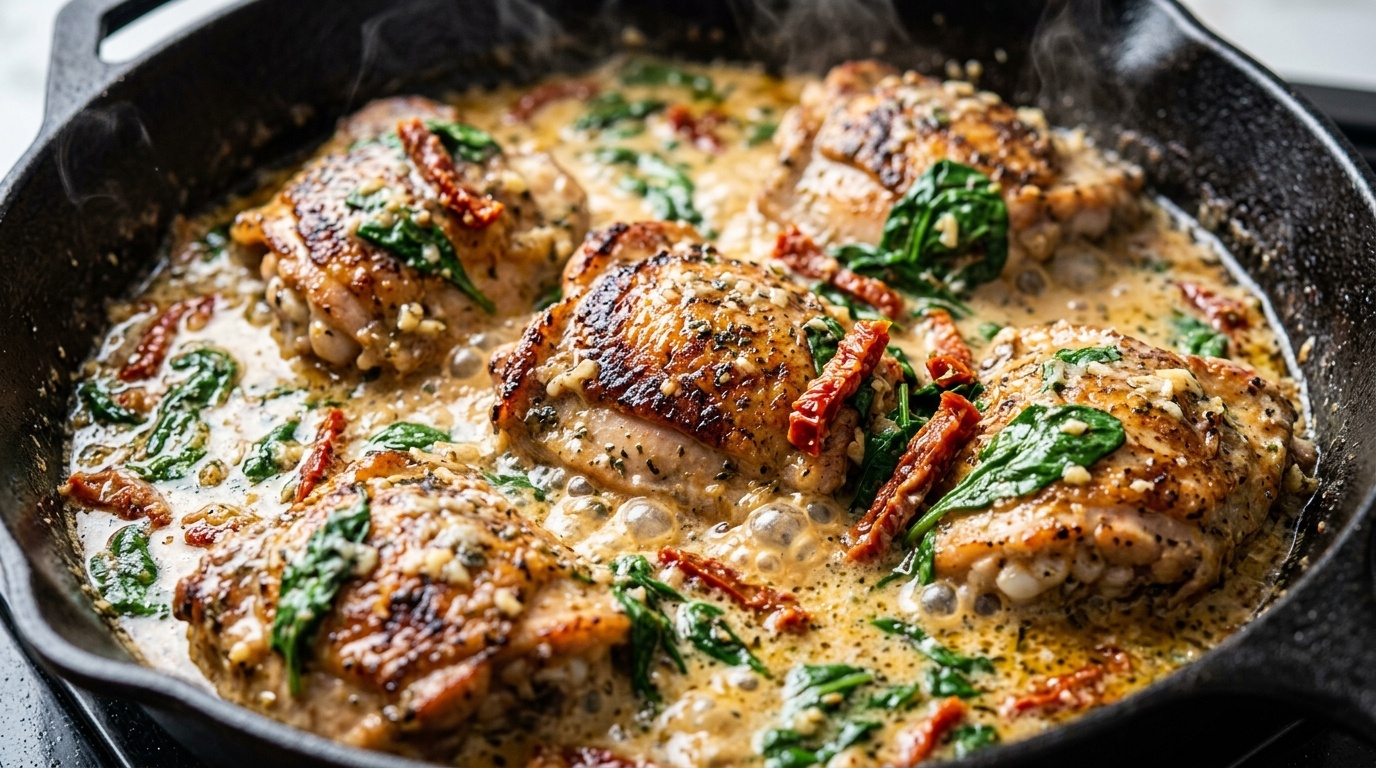 Sizzling creamy sun-dried tomato chicken thighs in cast iron skillet with garlic parmesan cream sauce and spinach