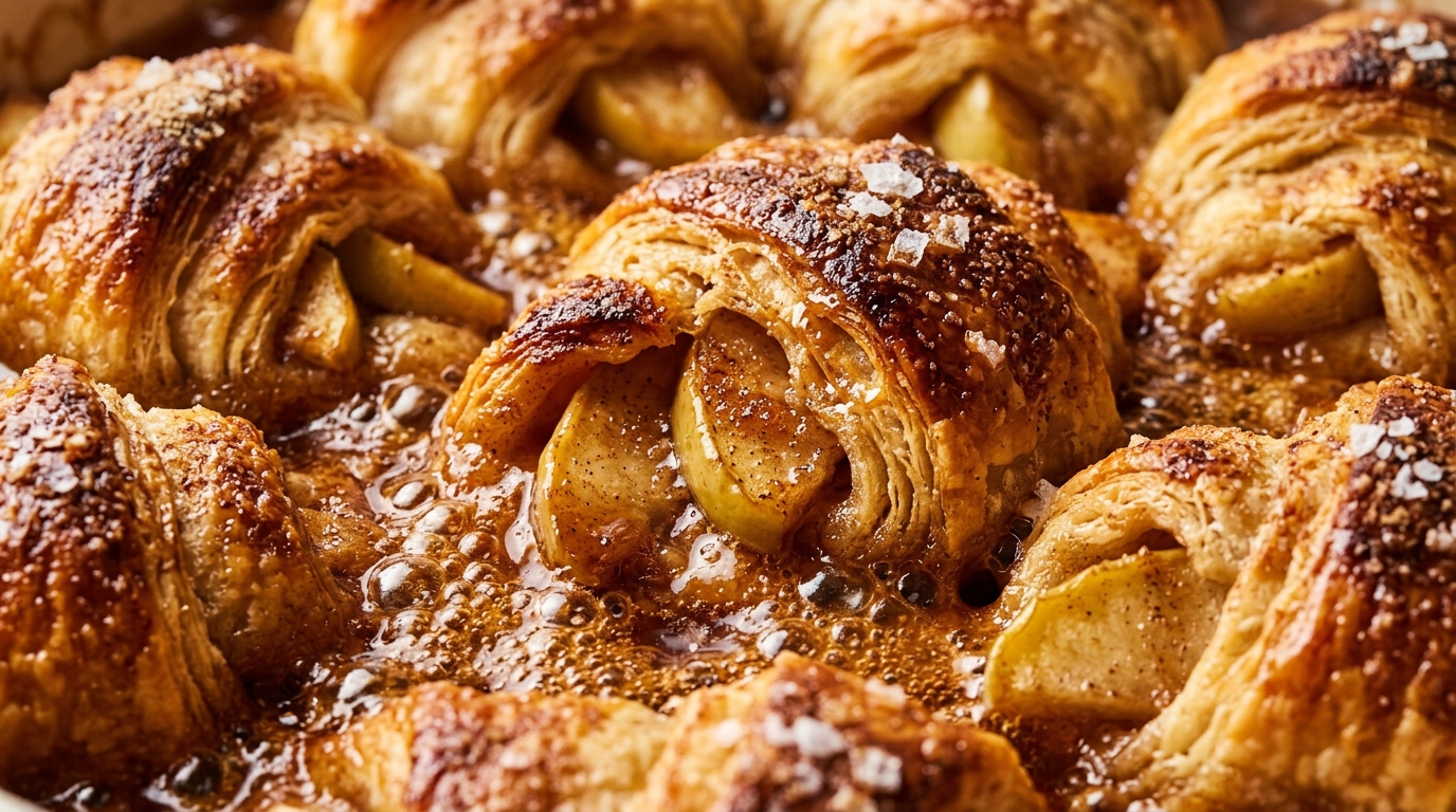Ultra close-up macro of golden-brown flaky crescent dumplings glistening in bubbling cinnamon-caramel syrup