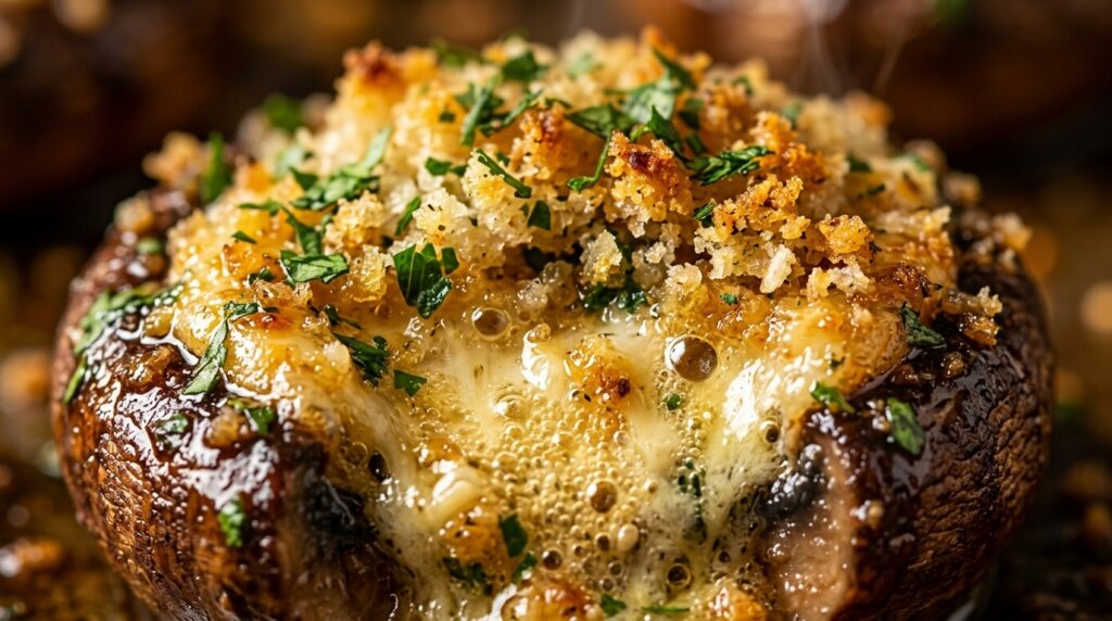 Ultra close-up macro texture of baked cremini stuffed mushrooms overflowing with molten garlic herb Boursin cheese and crispy toasted panko