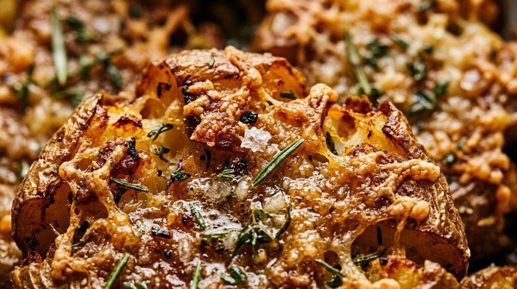 Ultra close-up macro of crispy golden smashed potatoes with deeply crisped ruffled edges, sizzling garlic butter, and blistered parmesan
