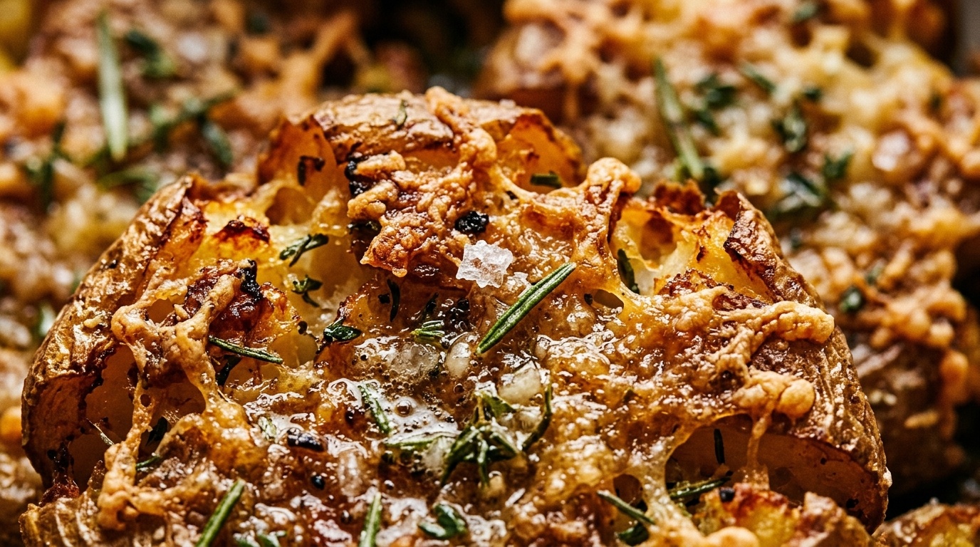 Ultra close-up macro of crispy golden smashed potatoes with deeply crisped ruffled edges, sizzling garlic butter, and blistered parmesan