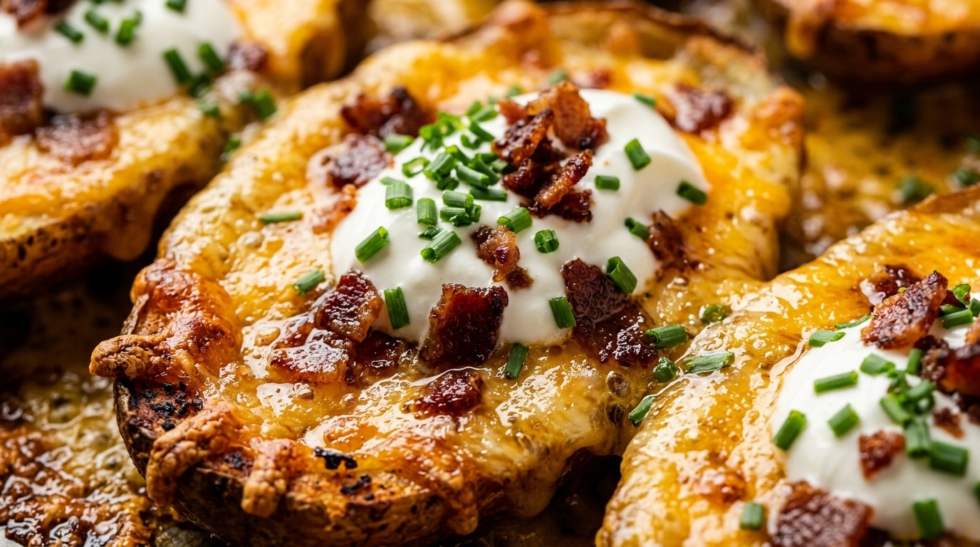 Ultra close-up macro food photography of crispy golden loaded baked potato skins bubbling with melted sharp cheddar cheese, sour cream, and fresh chives