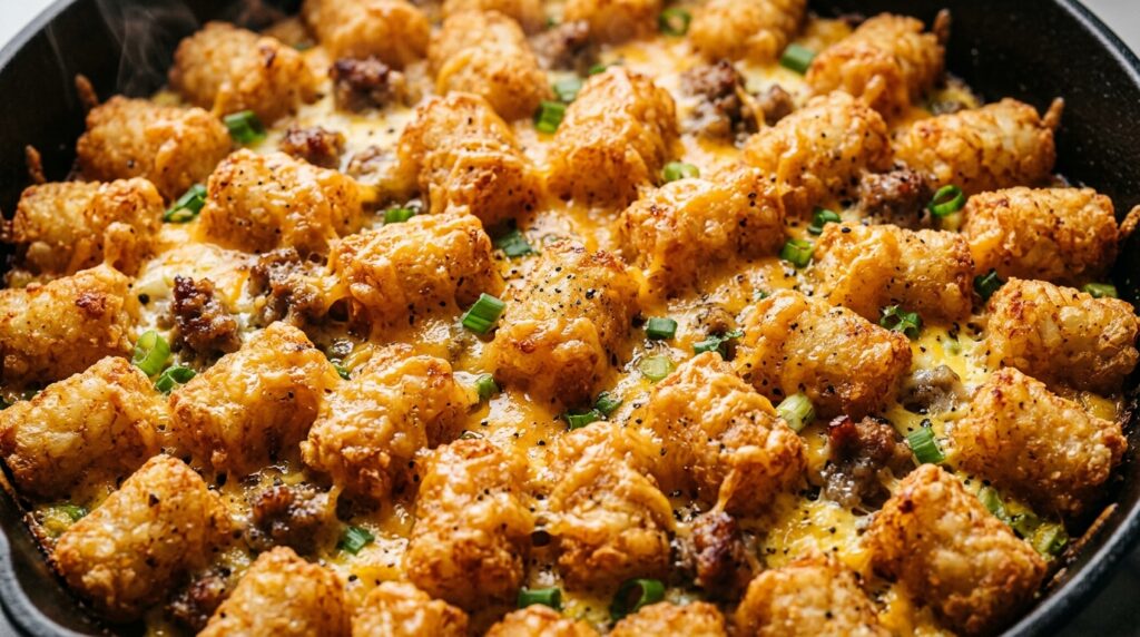 Ultra close-up macro of crispy golden-brown tater tots glistening with bubbly melted sharp cheddar and savory sausage