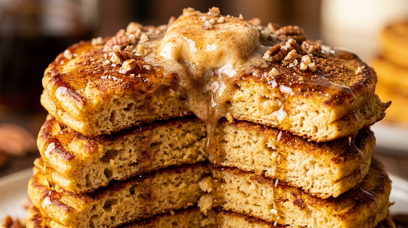 Ultra fluffy pumpkin ricotta pancakes with melting spiced butter and dripping maple syrup
