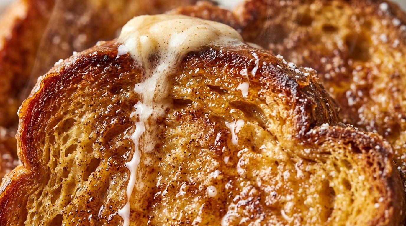 Ultra close-up macro texture of fluffy caramelized pumpkin spice brioche french toast with melting spiced maple butter and dripping syrup