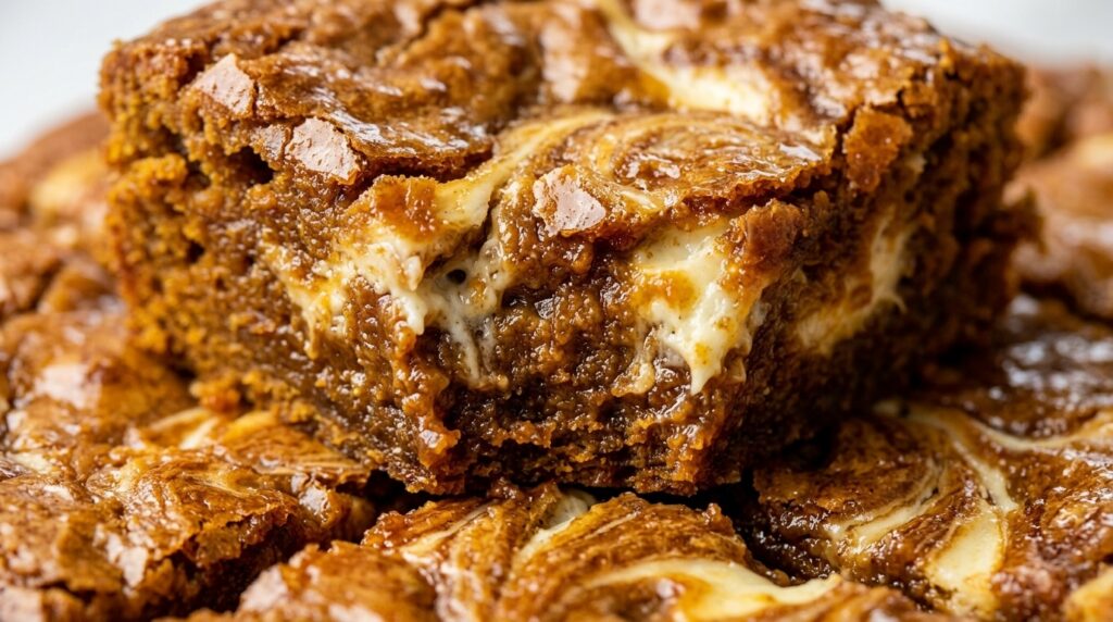 Ultra close-up macro texture of thick gooey brown butter pumpkin blondies with marbled cream cheese swirl