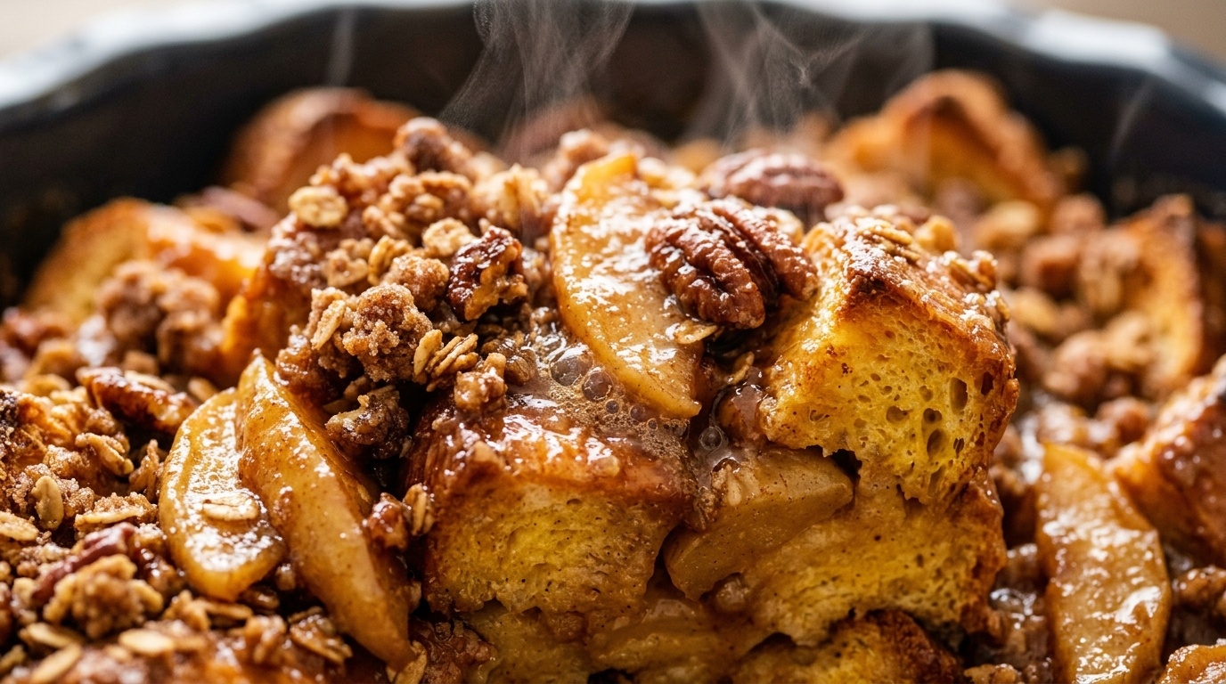 Ultra close-up macro of golden puffed brioche french toast bake bubbling with apple cider glaze and pecan streusel