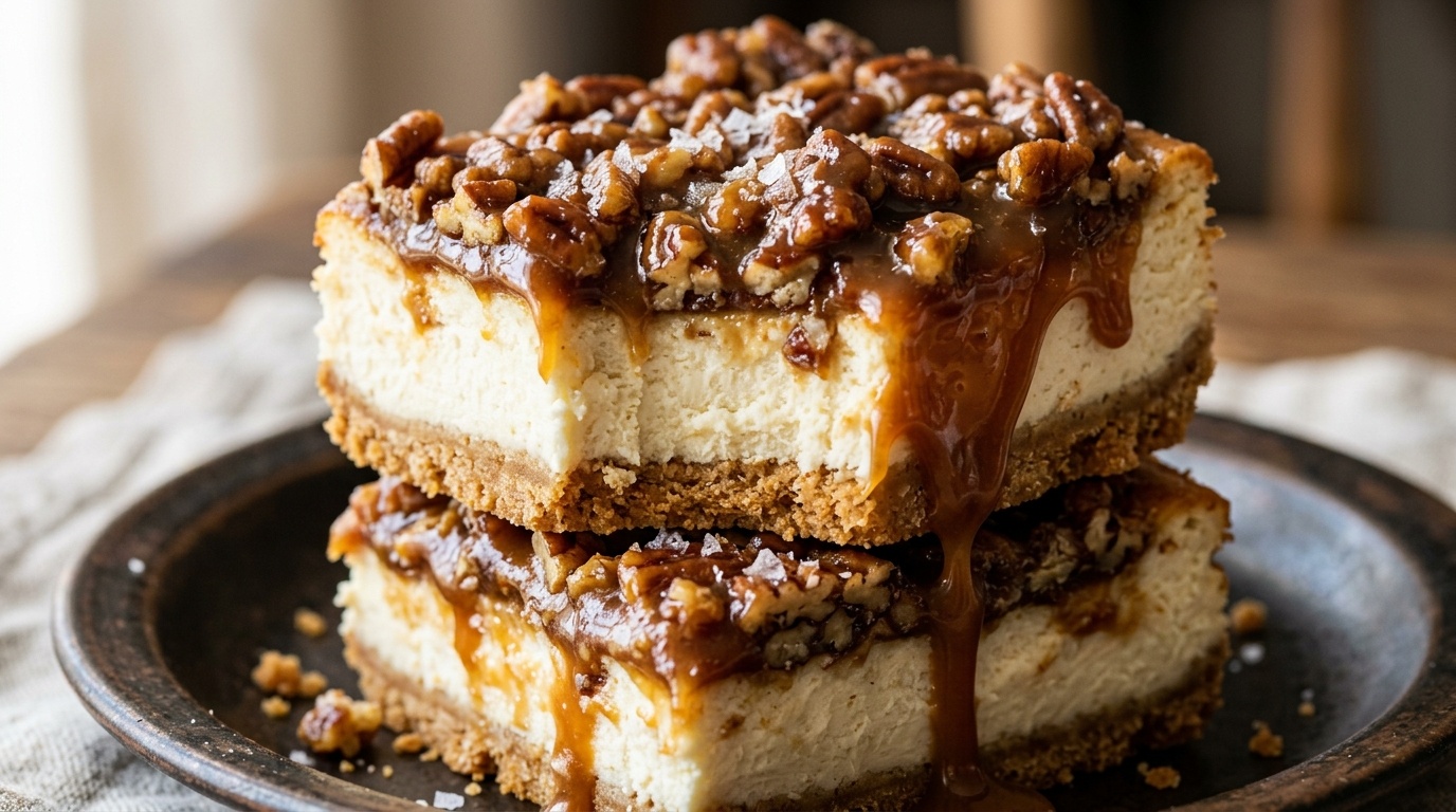 Ultra close-up macro of sliced pecan pie cheesecake bars showing buttery graham crust, velvety cheesecake, and gooey salted caramel pecan topping