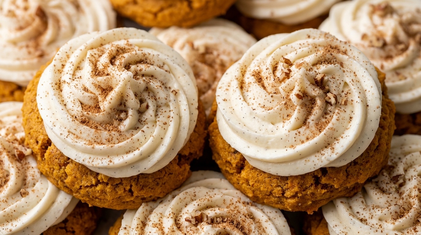 Ultra close-up macro of pillowy soft spiced pumpkin cookies topped with swirls of fluffy cream cheese frosting and cinnamon dust