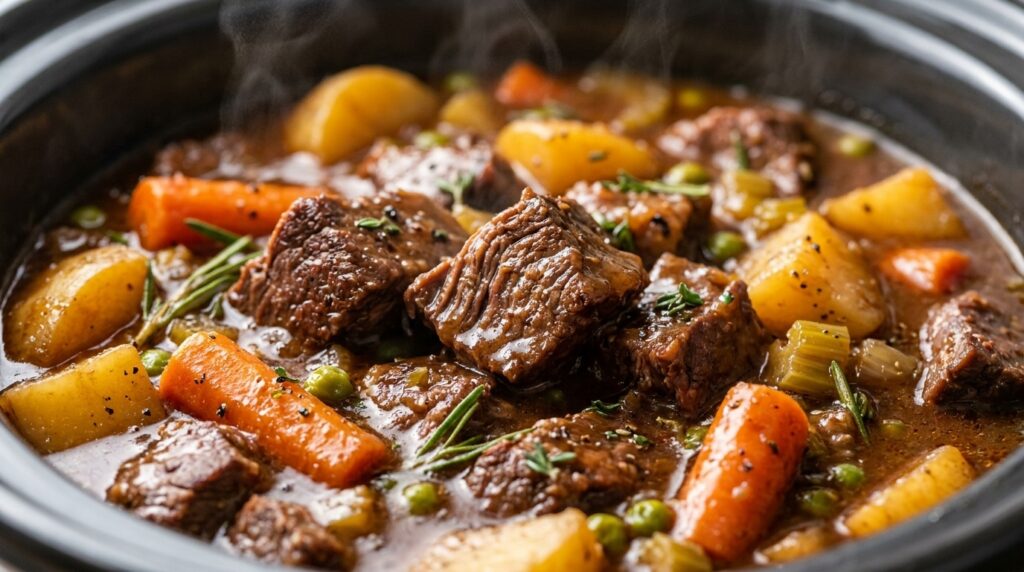Ultra close-up macro of piping hot crockpot beef stew with tender beef chuck chunks and rich mahogany gravy