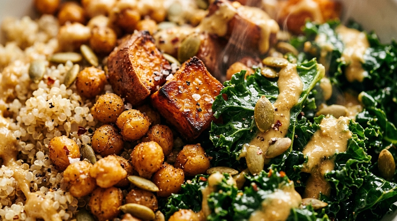 Ultra close-up macro texture of warm autumn harvest grain bowl with caramelized roasted sweet potatoes, crispy chickpeas, quinoa, and maple tahini dressing