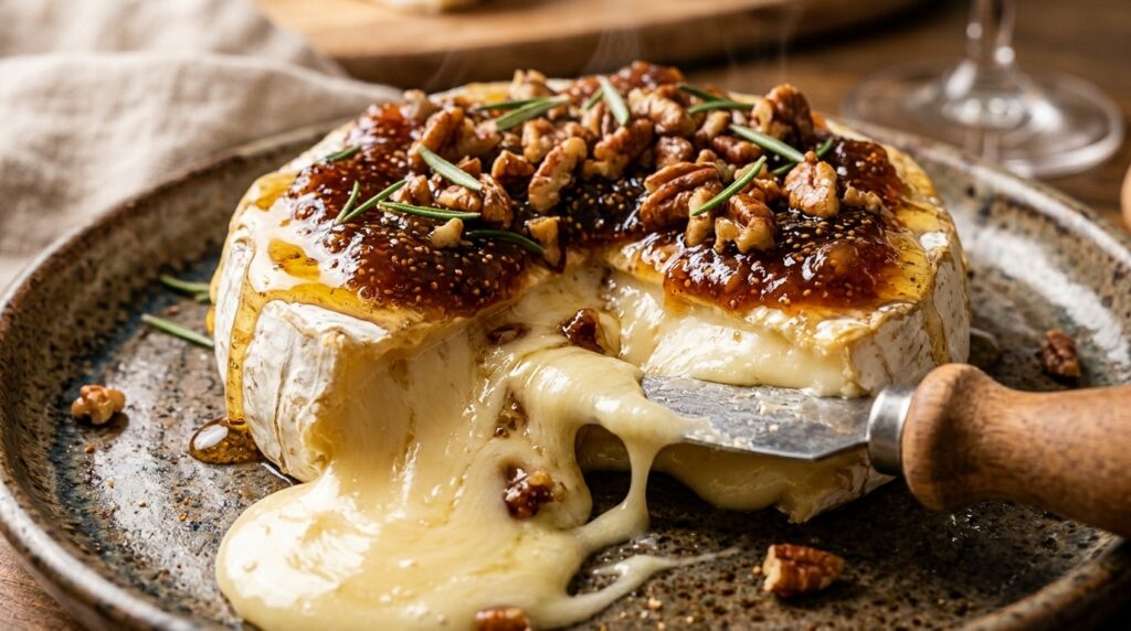 Ultra close-up macro of molten melted French brie topped with glossy fig jam, toasted pecans, and honey