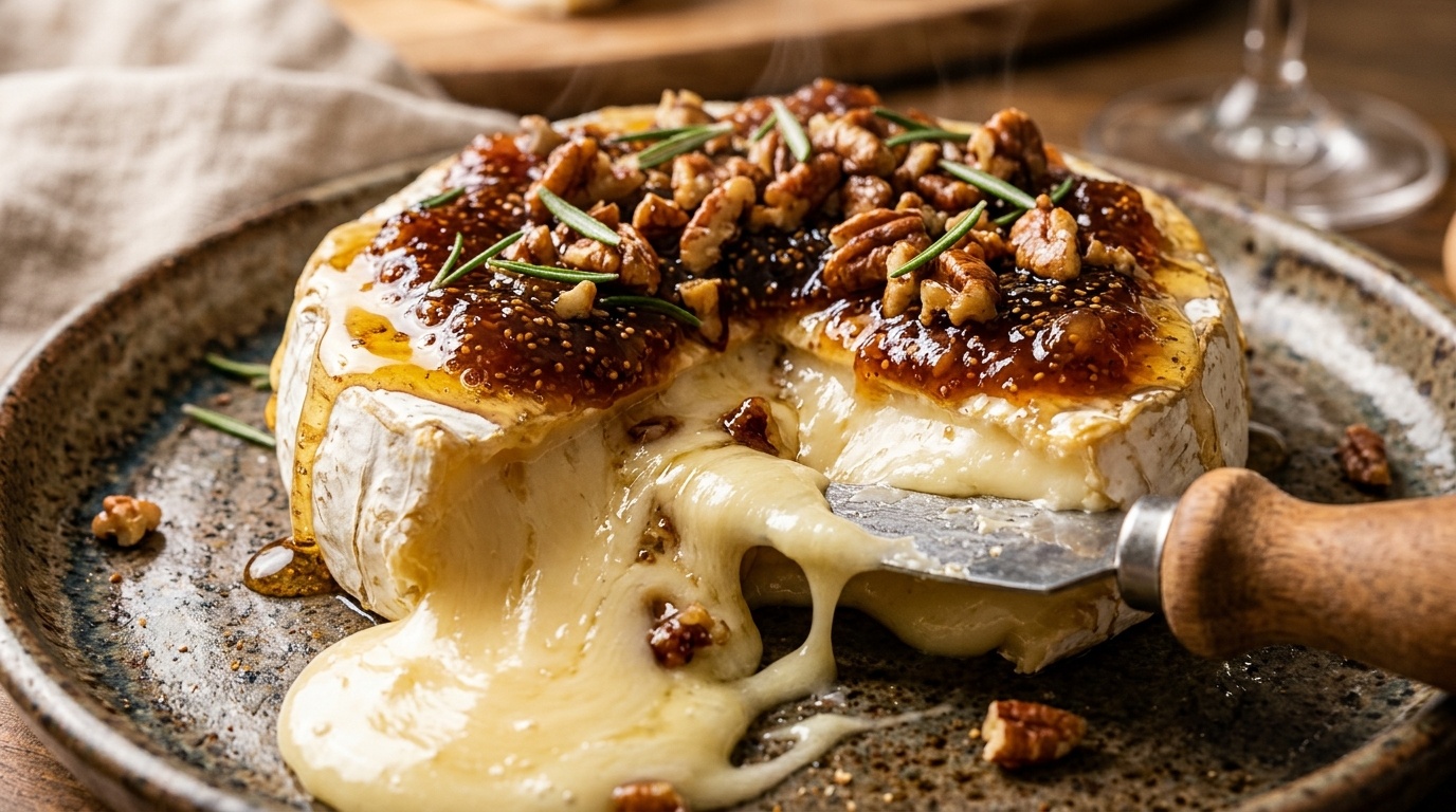 Ultra close-up macro of molten melted French brie topped with glossy fig jam, toasted pecans, and honey