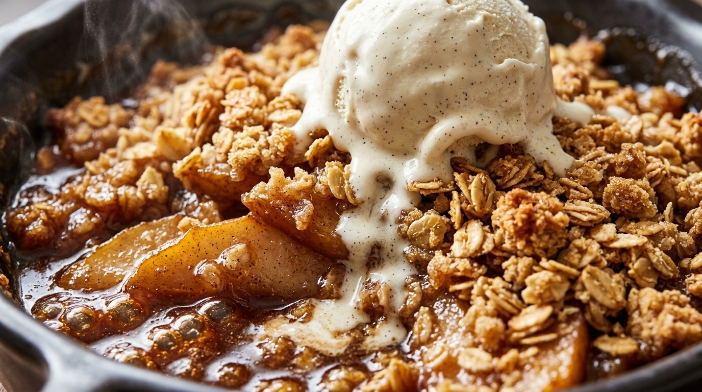 Bubbling warm cinnamon pear crisp with golden oat crumble and melting vanilla ice cream