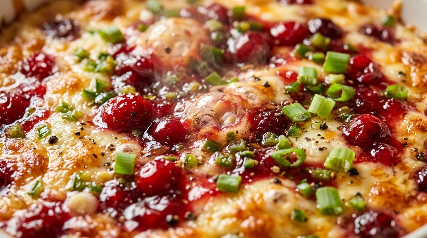 Ultra close-up macro texture of bubbling warm cranberry jalapeno cream cheese dip with glossy tart cranberries and fresh scallions